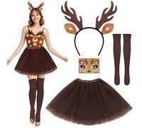 Dreamtop 5 Pcs Reindeer Costume for Women - Deer Antlers Headband Tattoo Sticker Tutu Skirt Long Socks Reindeer Outfit for Halloween Christmas Cosplay Party Deer Accessories Brown