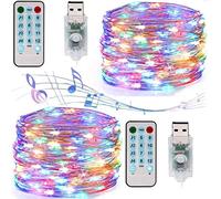 Dreamworth 2 Pack 12 Modes Sound Activated Music String Lights, USB Powered 33Ft 100 LED Silver Wire Fairy Lights with Remote Timer for Bedroom Wedding Party Festival(Multicolor)