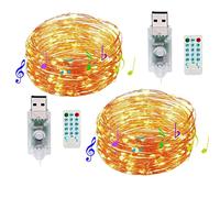 Dreamworth 2 Pack 12 Modes Sound Activated Music String Lights,USB Powered 33Ft 100 LED Silver Wire Fairy Lights with Remote Timer for Bedroom Wedding Party Festival(Warm White)