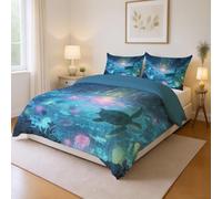 Dreamy 2 Pieces 100% Brushed Microfiber Double Duvet Cover Set, Blue Ancient Temple Jellyfish Turtle Super Soft Reversible Design Zippered Comforter Cover and 1 Pillowcases 53" x 79"