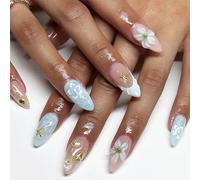 Dreamy 3D Flower Press On Nails, Long Almond False Nails with Gold Sea Charms & Pearl Embellishments, Pastel Pink Blue Reusable Stick On Nails, Elegant Fairy Mermaid Nail Art Kit for Women