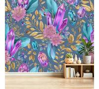 Dreamy Abstract Crystals Gold Leaf Watercolour Non-Woven Wall Mural for Bedroom Bedside Yoga Studio and Hallway Accent Wall, 250 x 175 cm Unpasted 3D Effect Large Photo Wallpaper Poster, Blue Purple