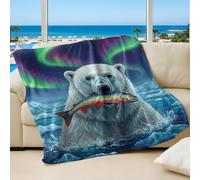 Dreamy Aurora Polar Bear Printed Flannel Blanket, Colorful Northern Lights Soft Throw Blanket for Kids Sofa Bed Winter Warmth (01,130x150cm)