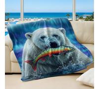 Dreamy Aurora Polar Bear Printed Flannel Blanket, Colorful Northern Lights Soft Throw Blanket for Kids Sofa Bed Winter Warmth (02,75x100cm)
