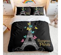 Dreamy Butterfly and Eiffel Tower Printed Duvet Cover Set, 3-Piece Bedding, Colorful Butterfly Design, Modern Minimalist Style, Perfect for Bedroom Decor (01,Double + 50x75cm x2)