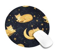 Dreamy Cat Moon Mouse Pad, Orange Cat Sleepy Design, Night Sky Office Mousepad, Non-Slip Gaming Pad for Home and Desk Use Round 8x8 Inch