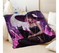 Dreamy Cloud Printed Flannel Blanket, Pink-Haired Witch with Black Cat Nighttalk Style for Kids and Adults, Perfect Sofa Bed Throw (06,75x100cm)