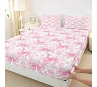 Dreamy Coquette Bow Fitted Sheet Single Size Girly Princess Bowknot Kawaii Bedding Set for Girls Bedroom Fantasy Floral Bow Ribbon Bed Sheet Set 2pcs Pink White Deep Pocket Mattress Cover,No Top Flat