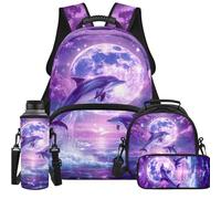 Dreamy Dolphin School Bag for Girls Backpack with Lunch Box Pencil Case Water Bottle Sleeve 4 Pcs Bookbag with Adjustable Straps Backpack for Little Big Kids Daily Use Comfortable