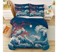 Dreamy Duvet Cover Set 120 × 150 cm, Ukiyo-e waves Starry night moon Bedding Set 2pcs for Romantic Souls Decor, Comforter Cover Soft Microfiber Quilt Cover with 1 Pillowcases