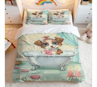 Dreamy Duvet Cover Set with Cute Dog and Water Lily Design, 3-Piece Bedding Set for Kids (04,King240x220cm+50x75cm*2)
