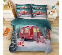 Dreamy Festive Reversible Duvet Cover with Pillowcases, Colour Soft And Easy Care Microfiber Snow Caravan Christmas Tree Bedding, for Girls Women Teens Adults, Double