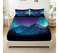 Dreamy Fitted Sheet Double Bed Sheet, Aurora Mountains Night Sky Printed Microfiber Fitted Sheet Bedding Bed Linen 135 x 200 cm for Kids Boys Girls