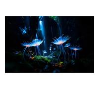 Dreamy Forest Scene Aquarium Background Mysterious Translucent Blue Petals Fish Tank Background Enchanted Moss-Covered Cave Ground Terrarium Backgrounds Light Beams Glowing Flowers Backgrounds 48x24in