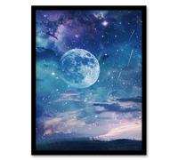 Dreamy Full Moon Star Night Sky Surreal Starscape Framed Art Print Artery8 Blue A4