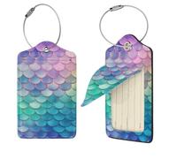 Dreamy Gradient Mermaid Scales Luggage Tags for Suitcases, PU Leather Suitcase Tags Identifiers with Stainless Steel Loop, Privacy Cover ID Label with Address Card, Travel Essentials Bag Tag, Black, 2