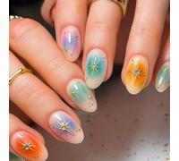 Dreamy Gradient Press On Nails with Star & Crystal Accents in Oval Shape - Short to Medium Length Artificial Nails with High Gloss Finish in Pastel Purple, Blue, Orange & Mint Green for Women's Daily