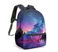 Dreamy Howling Wolf Starry Night Backpack, 16 Inch Galaxy Fantasy Forest Silhouette Lake Print Aesthetic Travel Daypack (04)