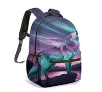Dreamy Howling Wolf Starry Night Backpack, 16 Inch Galaxy Fantasy Forest Silhouette Lake Print Aesthetic Travel Daypack (05)