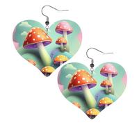 Dreamy Little Mushroom Prints Leather Heart earrings Pendant Stylish and light Lightweight Dangle for Women Girls, One Size, Leather, No Gemstone