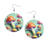 Dreamy Little Mushroom Prints Leather Round Earrings Pendant Stylish And Light Lightweight Dangle For Women Girls, One Size, Leather, No Gemstone