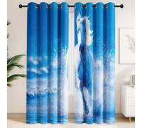 Dreamy Mythological Curtains Eyelet Blackout Curtains, Realistic Ocean Water Splashes, Sky & Majestic Ice-Blue Stallion Horse Thermal Insulated Bedroom Drapes, 90" W x 108" D (228 x 274 cm), 1 Pair