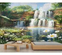 Dreamy Natural Scenic Mural Mountains Rivers Rainbow Wallpaper Wooden Bridge Egrets Flying Birds Wall Mural Wallpaper Canyon Rainforest Flowers Waterfall for Girls Bedroom Murals Living Room