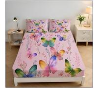Dreamy Natural Theme Microfiber Double Fitted Bed Sheet, Gradient Butterfly Elements Fitted Sheet Deep 30cm for Single Bed 90×190 cm,Pink