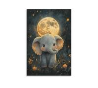 Dreamy Night Elephant Wall Art Baby Elephant with Full Moon And Stars Magical Watercolor Jungle Animal Poster for Baby Room Nursery Wall Decor Or Bedtime Story Area Gift 08x12inch(20x30cm) Unframe