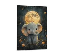Dreamy Night Elephant Wall Art Baby Elephant with Full Moon And Stars Magical Watercolor Jungle Animal Poster for Baby Room Nursery Wall Decor Or Bedtime Story Area Gift 08x12inch(20x30cm) Frame