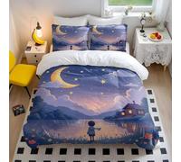 Dreamy Night Sky Crescent Moon Stars Printed Duvet Cover Set, Cute Cartoon Bedding for Kids Room, Soft and Breathable 3-Piece Set (04,Single + 50x75cm x2)