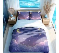 Dreamy Night Sky Crescent Moon Stars Printed Duvet Cover Set, Cute Cartoon Bedding for Kids Room, Soft and Breathable 3-Piece Set (02,King + 50x75cm x2)