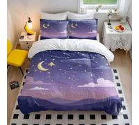 Dreamy Night Sky Crescent Moon Stars Printed Duvet Cover Set, Cute Cartoon Bedding for Kids Room, Soft and Breathable 3-Piece Set (03,Double + 50x75cm x2)