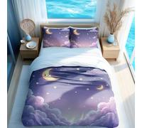 Dreamy Night Sky Crescent Moon Stars Printed Duvet Cover Set, Cute Cartoon Bedding for Kids Room, Soft and Breathable 3-Piece Set (01,King + 50x75cm x2)