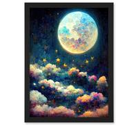 Dreamy Night Sky Moon Stars Colourful Clouds Kids Cute Artwork Framed Wall Art Print A4 Artery8 Black One Size