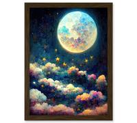 Dreamy Night Sky Moon Stars Colourful Clouds Kids Cute Artwork Framed Wall Art Print A4 Artery8 Brown One Size