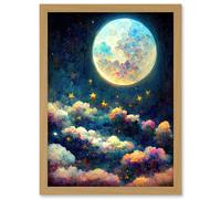 Dreamy Night Sky Moon Stars Colourful Clouds Kids Cute Artwork Framed Wall Art Print A4 Artery8 Light Oak One Size