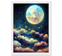 Dreamy Night Sky Moon Stars Colourful Clouds Kids Cute Artwork Framed Wall Art Print A4 Artery8 White One Size