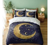 Dreamy Night Sky Ukiyo-e Golden Crescent Moon Duvet Cover Set, 3-Piece Artistic Bedding for Kids Bedroom (02,Single + 80 x 80cm x2)
