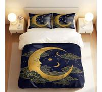 Dreamy Night Sky Ukiyo-e Golden Crescent Moon Duvet Cover Set, 3-Piece Artistic Bedding for Kids Bedroom (01,Single + 80 x 80cm x2)