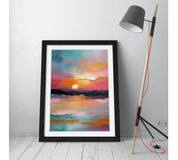 Dreamy painting of sunset dusk on the beach Stunning Framed Wall Art Print Picture - A3 - Black Frame