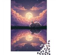 Dreamy Rabbit Under Moonlight Reflection Puzzle 1000 Pieces for Adults, Rabbit Themed Theme Puzzle, Family Puzzle Night Activity, 52x38cm/1000pcs