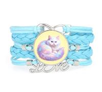Dreamy Rainbow Cat Pet animal love adjustable leather braided bracelet Blue