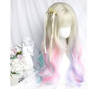 Dreamy Rainbow Multicolor Long Wavy Wig for Women Girls Party Halloween Lolita Cosplay Wig Gradient Daily Wigs with Bangs