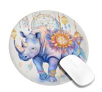 Dreamy Rhinoceros Mouse Pad, Soft Blue Watercolor Rhino with Dreamcatchers, Stitched Edge Mousepad, Rubber Non-Slip Washable Desk Accessory for Home and Office Round 8x8 Inch