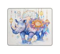 Dreamy Rhinoceros Mouse Pad, Soft Blue Watercolor Rhino with Dreamcatchers, Stitched Edge Mousepad, Rubber Non-Slip Washable Desk Accessory for Home and Office Square 8x10 Inch