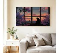 Dreamy Romantic Cat Wide Framed Canvas Wall Art, Black Cat Window Lilac Flower Pictures for Above Bed Hallway Decor - Poster Prints Wall Art Canvas Painting - 120x60 cm