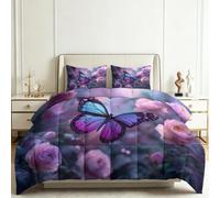 Dreamy Single Duvet Set with 2 Pillowcase 50 x 75 cm Microfiber Washable Coverless Duvet with Anime Cartoon Rose Bush Butterfly, Soft Hypoallergenic Reversible Quilt Set 135 x 200 cm for All Seasons