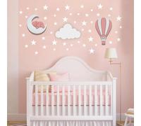 Dreamy Skies Nursery Wall Set - Elephant on Moon, Hot Air Balloon & Star Stickers Pink Style Girls Room Decor