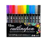 Dreamy Sparkle Dual-Line Contour Pen, Double Line Outline Markers, Quick-Dry Ink for Drawing, Double Line Super Squiggles Glitter & Metallic Markers, Coloring & DIY Crafts (12 colors)